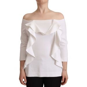 EXTERIOR OfftheShoulder Ruffled Knit Top TSH7444 Women White Tops & T-Shirts